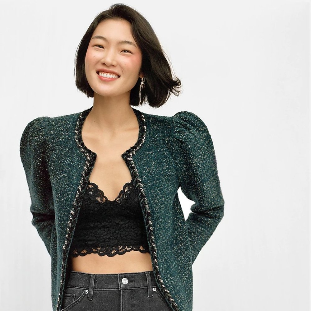 Emerald Green EXPRESS Lurex Chain Trim Sweater Jacket
